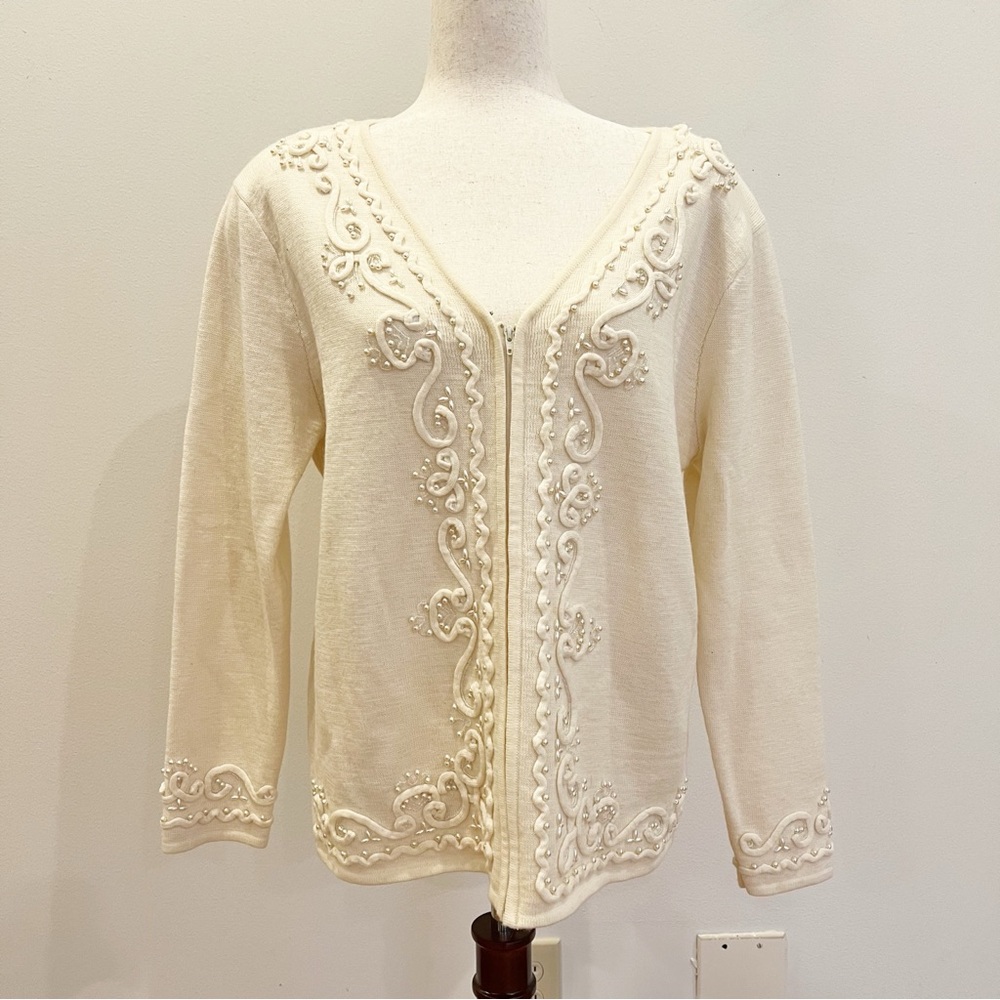 Vintage Vango Cardigan Womens Medium Ivory Wool Pearls Beads Holiday Christmas